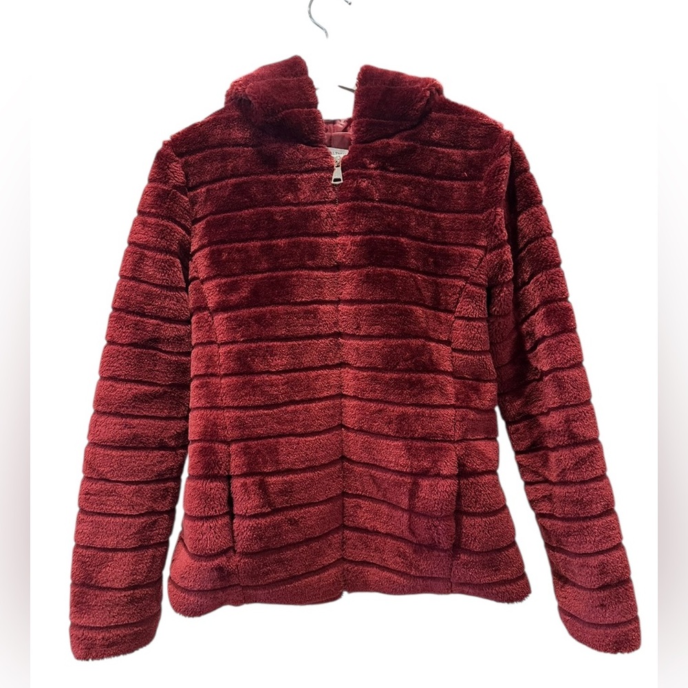 Women’s Red Fuzzy Plush Zip-Up Jacket | Hooded Soft Winter Coat | Size S